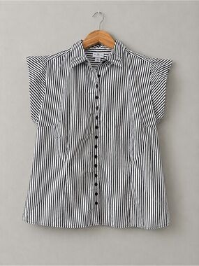 Worthington Stretch Blouse L Black/gray White Stripe Flutter Sleeve  Top